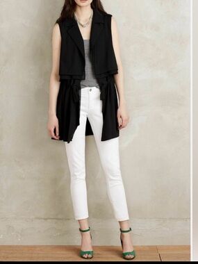 CARTONNIER Anthropologie Long Layering Vest Black Sleeveless Drawstring Waist M